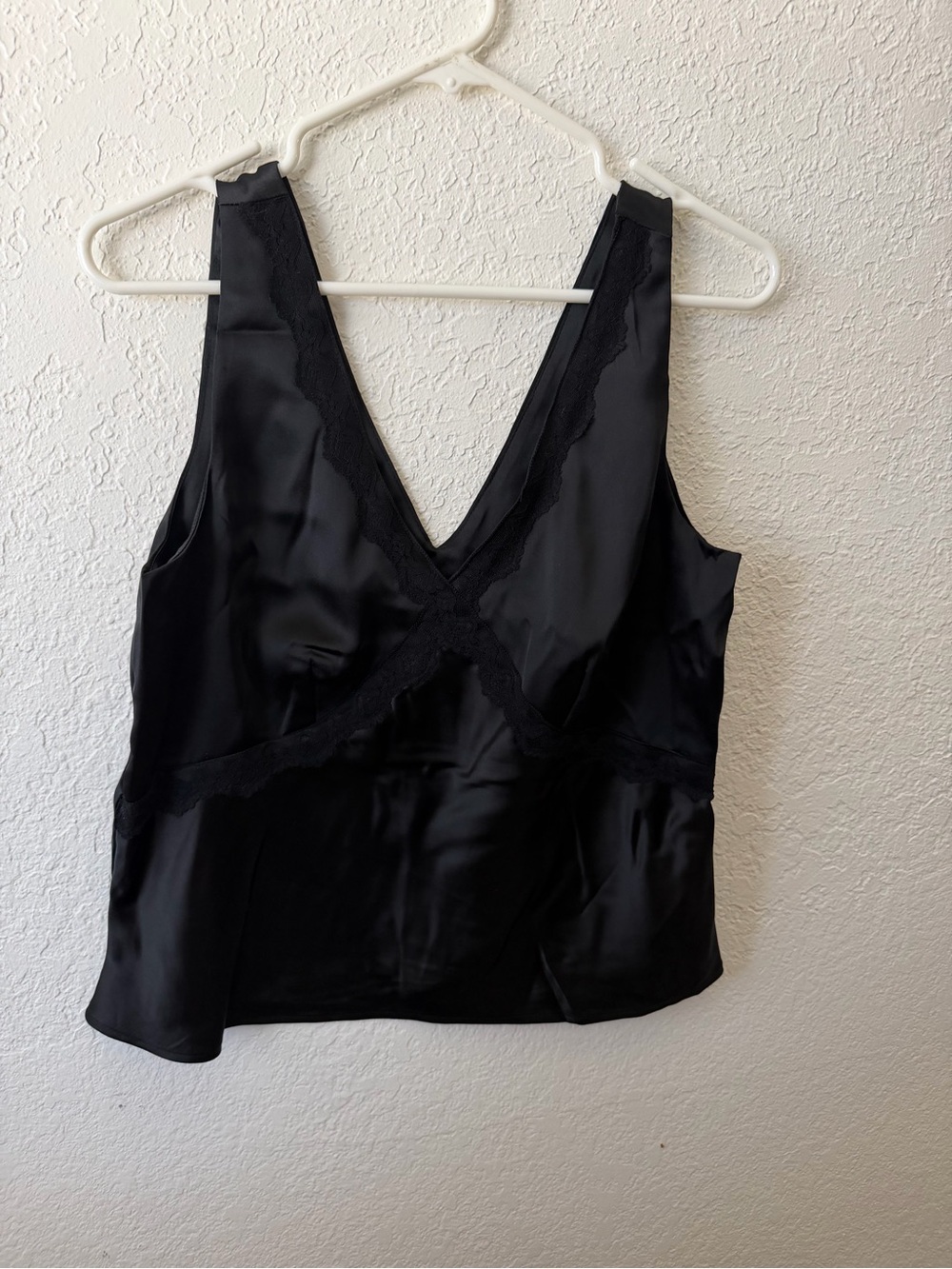 a new day Black Satin V‑Neck Lace Trim Cami~ NWT M